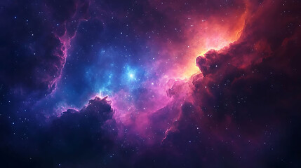 Fototapeta premium A vibrant nebula with swirling clouds of gas and dust in shades of red, pink, and blue, illuminated by distant stars.