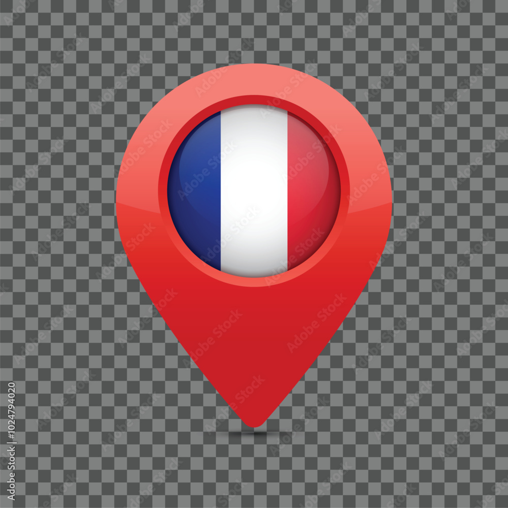 Poster french flag pin for maps and navigation systems to mark current location. user interface icon design