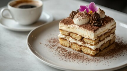 A close-up of Tiramisu on a white plate, highlighting the creamy mascarpone and layered biscuits, served alongside a cup of coffee, all presented on a stylish gray concrete background.