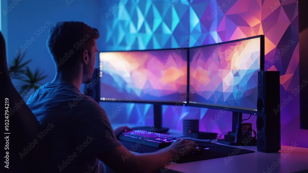 Poster immersive gaming setup with colorful polygon backdrop