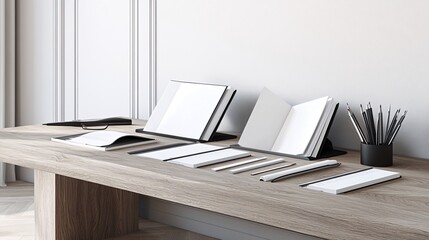 Blank notebooks, pens, and pencils on a wooden desk, with a white background.