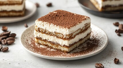 A close-up shot of a Tiramisu dessert on a white plate, showcasing its creamy layers and dusting of cocoa, with plenty of copy space around it for elegant text placement.