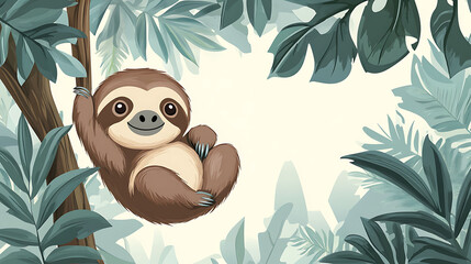 Obraz premium A cute cartoon sloth hanging on a tree branch in a tropical rainforest.