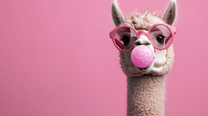 A white alpaca with pink sunglasses and bubble gum against a pink background.