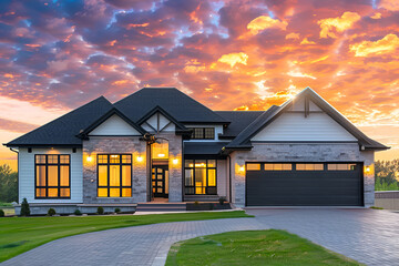 A modern two story house with large windows, a manicured lawn, and a spacious driveway, set against a vibrant sunset sky