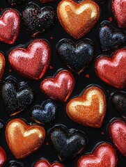 Obraz premium A collection of vibrant glittery hearts in various colors such as red, black, and gold is creatively arranged on a dark backdrop, creating a lively and festive atmosphere suitable for celebrations and