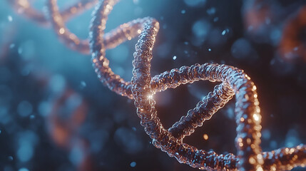 Close-up of a glowing DNA double helix with a blue and orange background.