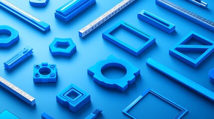 Blue geometric shapes on a blue background.
