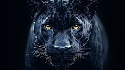 Obraz premium A close-up portrait of a black panther with piercing golden eyes against a dark background.
