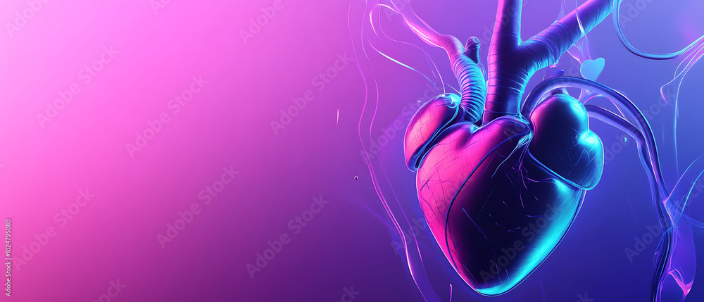 Poster a 3d digital rendering of a human heart with neon colors in a dark and mysterious atmosphere.