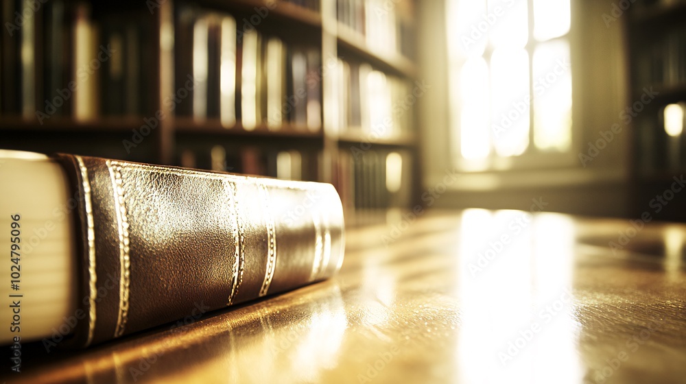 Poster close-up of a leather-bound book on a wooden table in a library with bookshelves in the background a