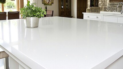 Close up view of a shiny white kitchen countertop with a plant pot on the surface.