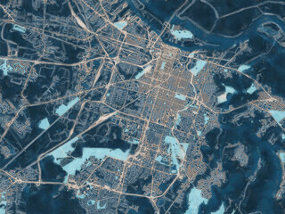 Painterly Style City Map of Savannah Georgia, USA in a Blue Color Scheme.