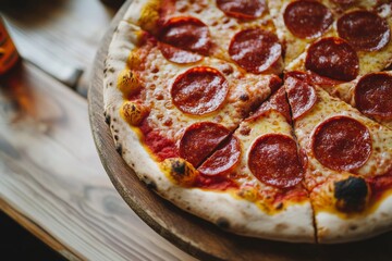 Delicious pepperoni pizza served on a wooden platter in an inviting restaurant setting during lunchtime