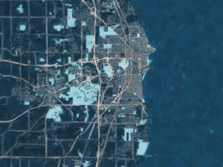 Painterly Style City Map of Sheboygan Iowa, USA in a Blue Color Scheme.