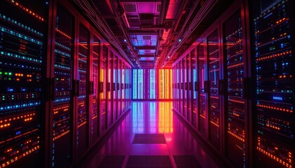 Fototapeta premium High-tech server room with pulsing lights and glowing cables, showcasing advanced data storage systems and seamless digital connections. AI-generated