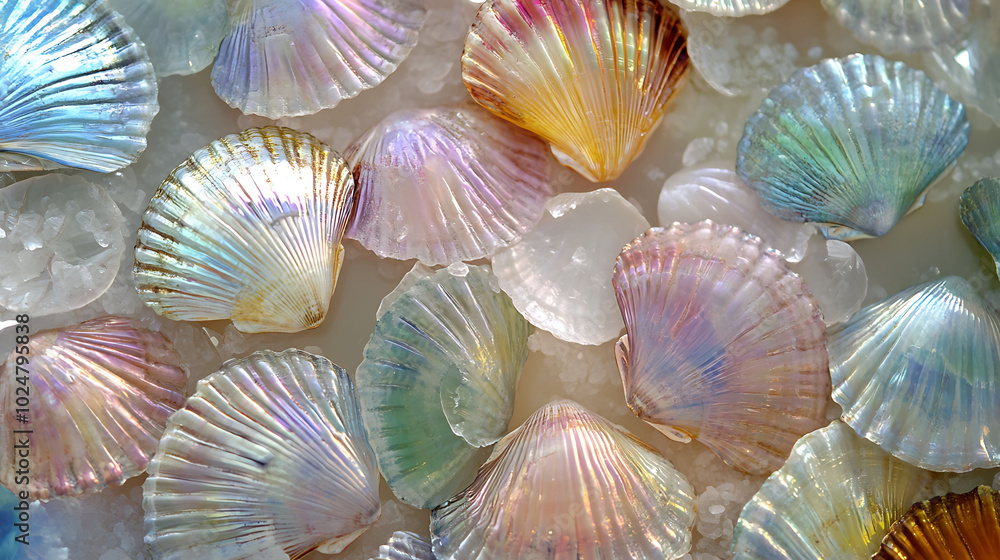 Poster a close-up of a collection of iridescent seashells with a soft white background.
