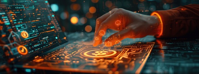 Futuristic digital currency transaction with holographic interface and orange neon lighting