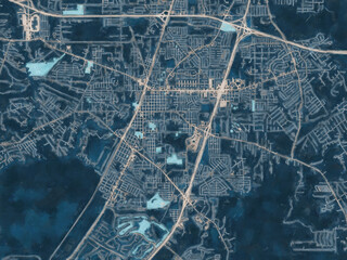 Painterly Style City Map of Sidell Louisiana, USA in a Blue Color Scheme.