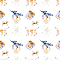 Watercolor Christmas Pattern: Frosty Blue Gift Boxes, Pine Cones, Tree Branches, Socks, and Snowflakes in Vintage Holiday Illustration