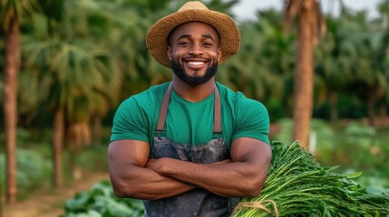 Fototapeta premium Smiling farmer with fresh organic vegetables in lush green farm setting