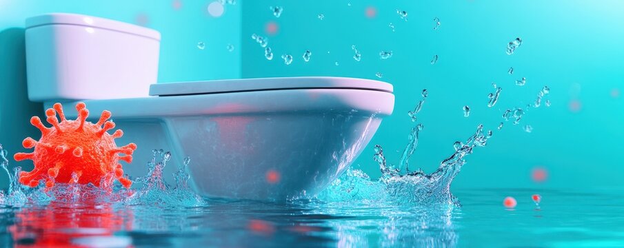 Toilet with water splash and virus model, bright turquoise background.