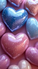 Fototapeta premium Shiny heart candies with glitter on pink background, perfect for celebrating valentine's day. Sweet and inviting, ideal for gifts or decorations