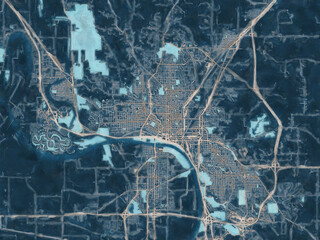Painterly Style City Map of Sioux City Iowa, USA in a Blue Color Scheme.