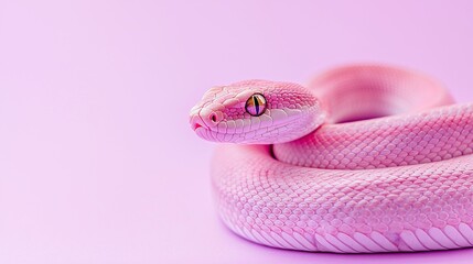 Fototapeta premium Stunning pink python snake with golden eyes rests gracefully on a soft pink background, exuding intense focus and wild beauty