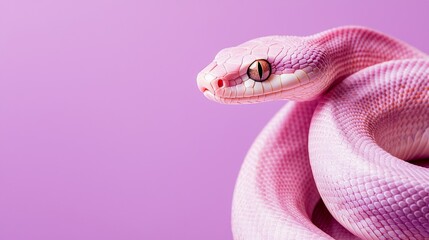 Fototapeta premium Mesmerizing pink python snake coils gracefully on a soft pink background, showcasing vibrant scales and intricate details in a captivating image perfect for wildlife lovers