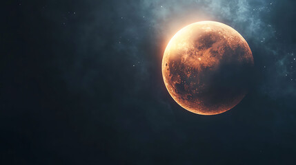 A blood red moon in the night sky, surrounded by clouds and stars.