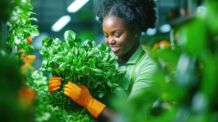 Woman harvesting fresh greens in a modern indoor vertical farm