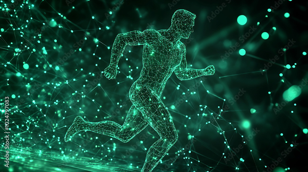 Poster a digital rendering of a man running with a glowing green digital outline in a futuristic digital en