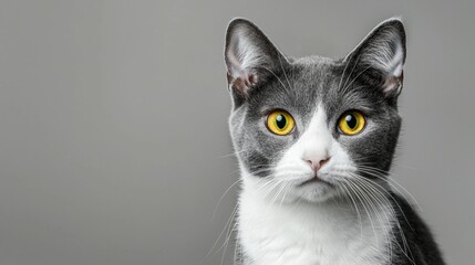 Curious grey and white cat with yellow eyes gazes attentively, whiskers and fur standing out against a neutral backdrop, creating a captivating portrait