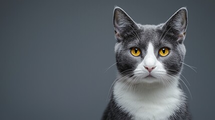 Fototapeta premium Beautiful grey and white cat with big yellow eyes sits attentively in a studio portrait, showcasing its elegance and charm