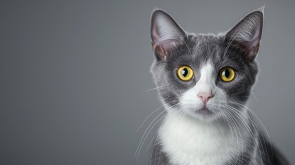 Obraz premium Cute grey and white cat with yellow eyes poses on a plain background, showing off its fluffy fur and whiskers. Perfect for pet lovers