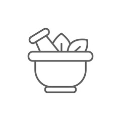 Single mortar pestle line icon, simple natural treatment flat design pictogram, infographic elements. Outline style. Editable stroke