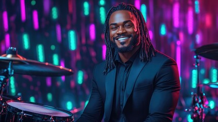 Smiling musician in elegant suit with drums and colorful lighting background