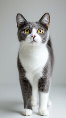 Obraz premium Curious grey and white cat with yellow eyes walks towards the camera, looking playful and attentive, exuding love and affection