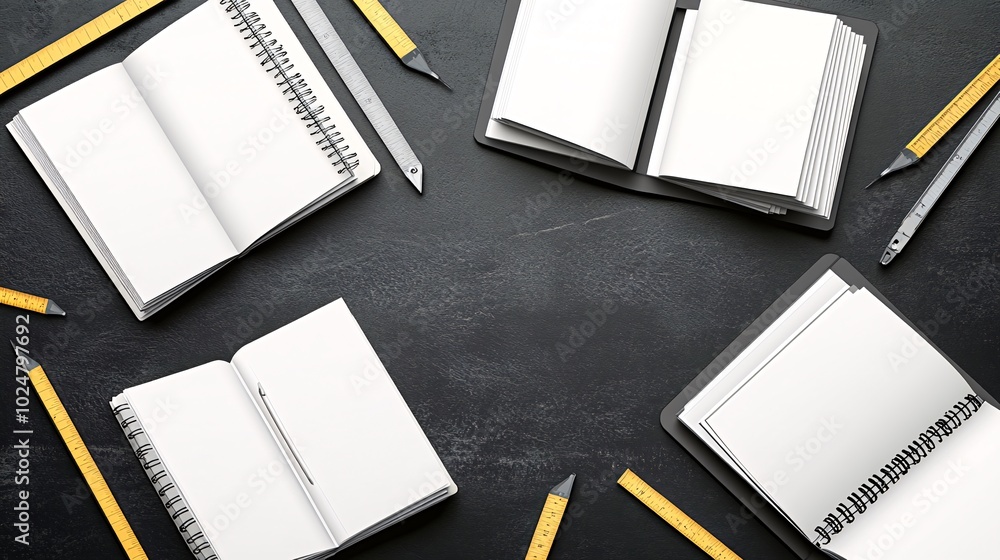 Poster flat lay of open blank notebooks with pencils and rulers on a black background.
