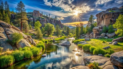 Fototapeta premium A Serene River Winding Through a Rocky Landscape Bathed in the Golden Light of a Sunset