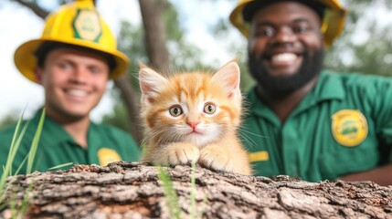 Adorable kitten rescued by smiling firefighters in green uniforms