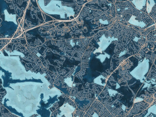 Painterly Style City Map of South Peabody  Massachusetts, USA in a Blue Color Scheme.