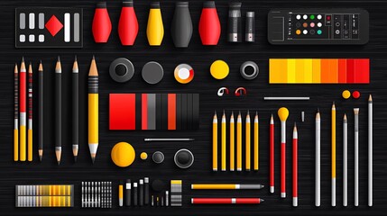 Fototapeta premium Flat lay of various art supplies on a wooden table.