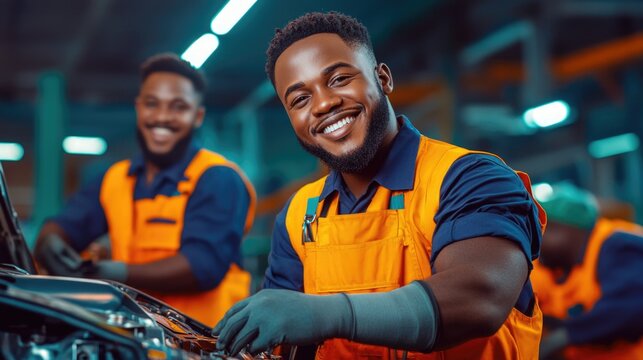 Smiling mechanic working on car in industrial garage