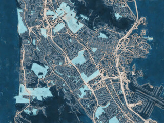 Painterly Style City Map of South San Francisco  California, USA in a Blue Color Scheme.