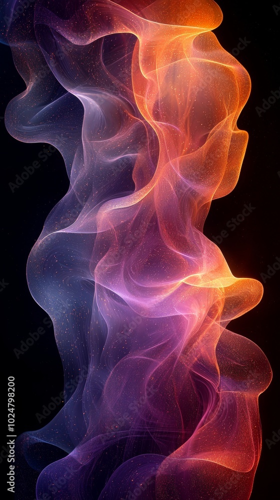 Poster abstract background with smoke-like formations flowing and swirling against a black backdrop, creati