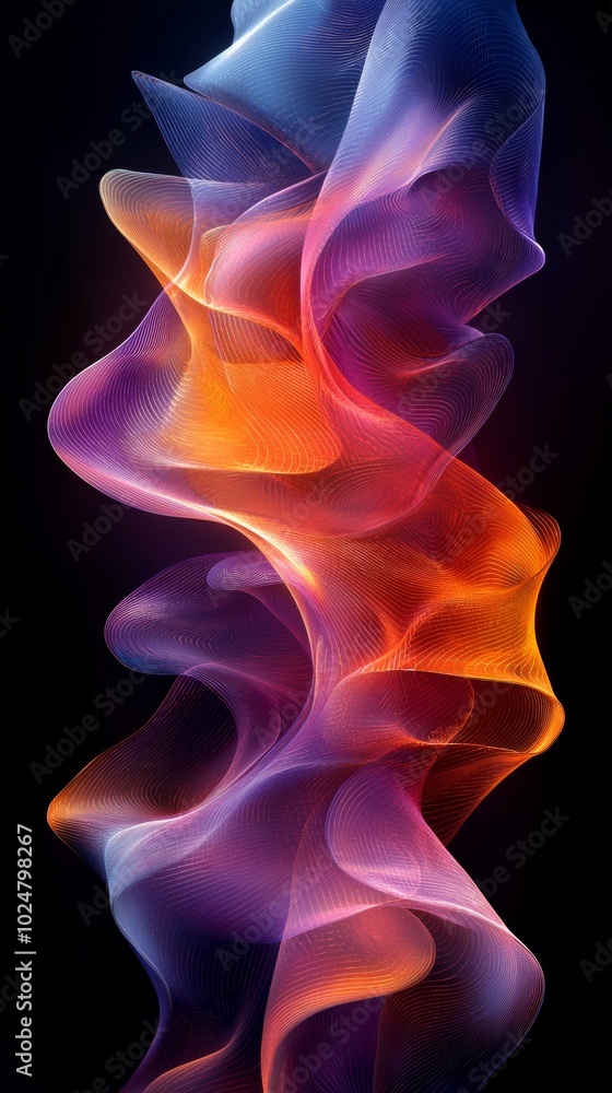 Poster colorful abstract smoke flows in vibrant orange and purple waves on a sleek black background, creati