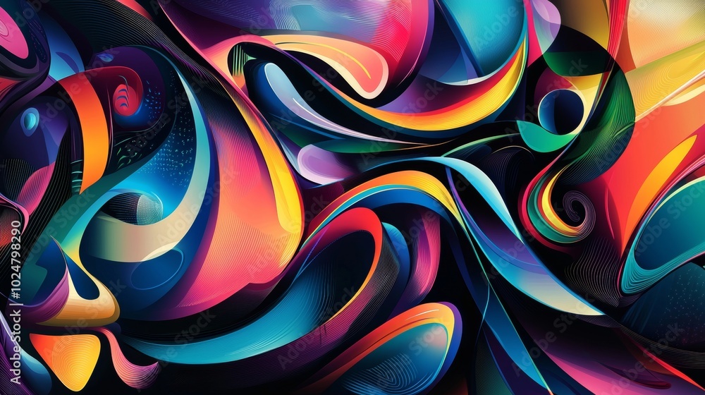 Poster vibrant and dynamic abstract composition featuring colorful fluid shapes flowing and intertwining, c