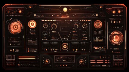 Obraz premium Futuristic digital interface with glowing orange and red elements on a dark background.